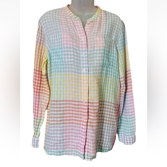 Lands End Women’s Petite M Pastel Patchwork Gingham Plaid Linen Rainbow Top - Picture 11 of 11